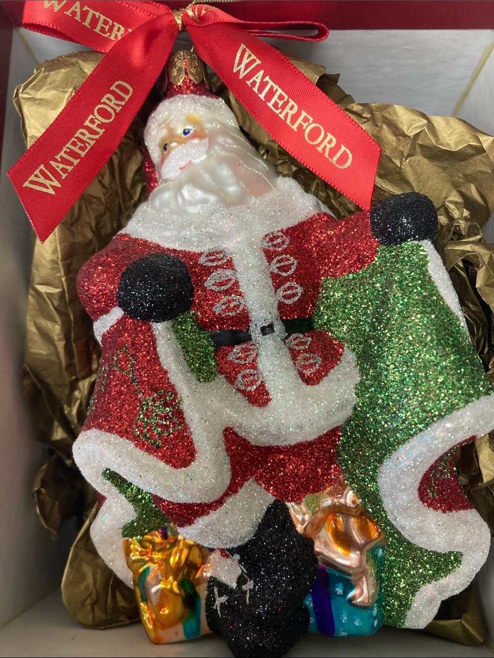 Waterford Red, Green, Black & White Glitter Santa Ornament